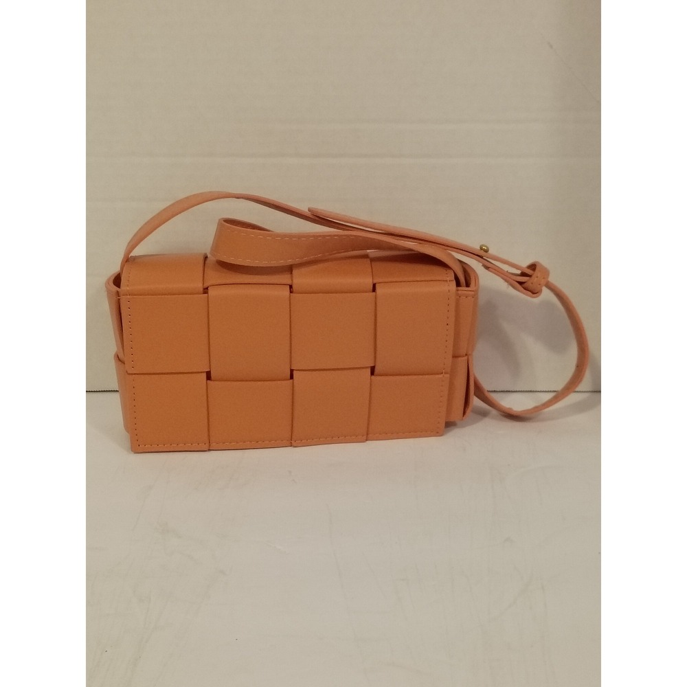 Woven Cassette Crossbody Bag Apricot Peach Adjustable Strap Rectangular Flap Bag